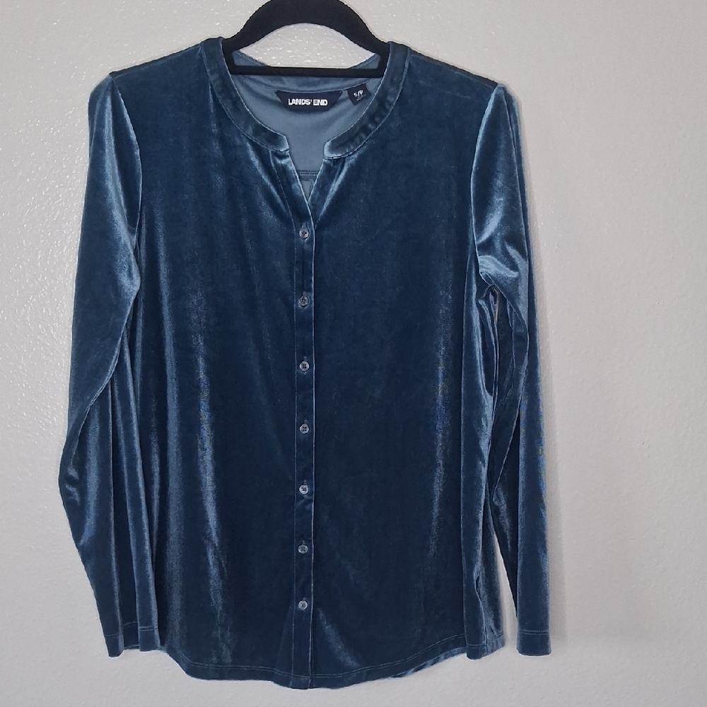 Lands' End Velvet Button Down Shirt Long Sleeve Blue Size Small